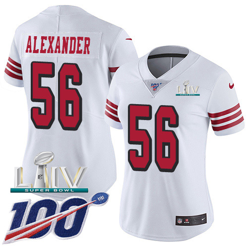 San Francisco 49ers Nike #56 Kwon Alexander White Super Bowl LIV 2020 Rush Women Stitched NFL Limited 100th Season Jersey